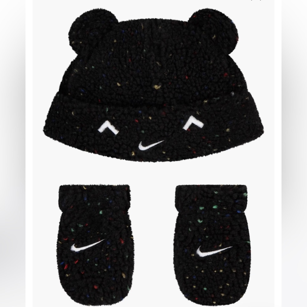 NWT Nike Kids Black Fleece Hat and Mittens Set size 12-24 months
